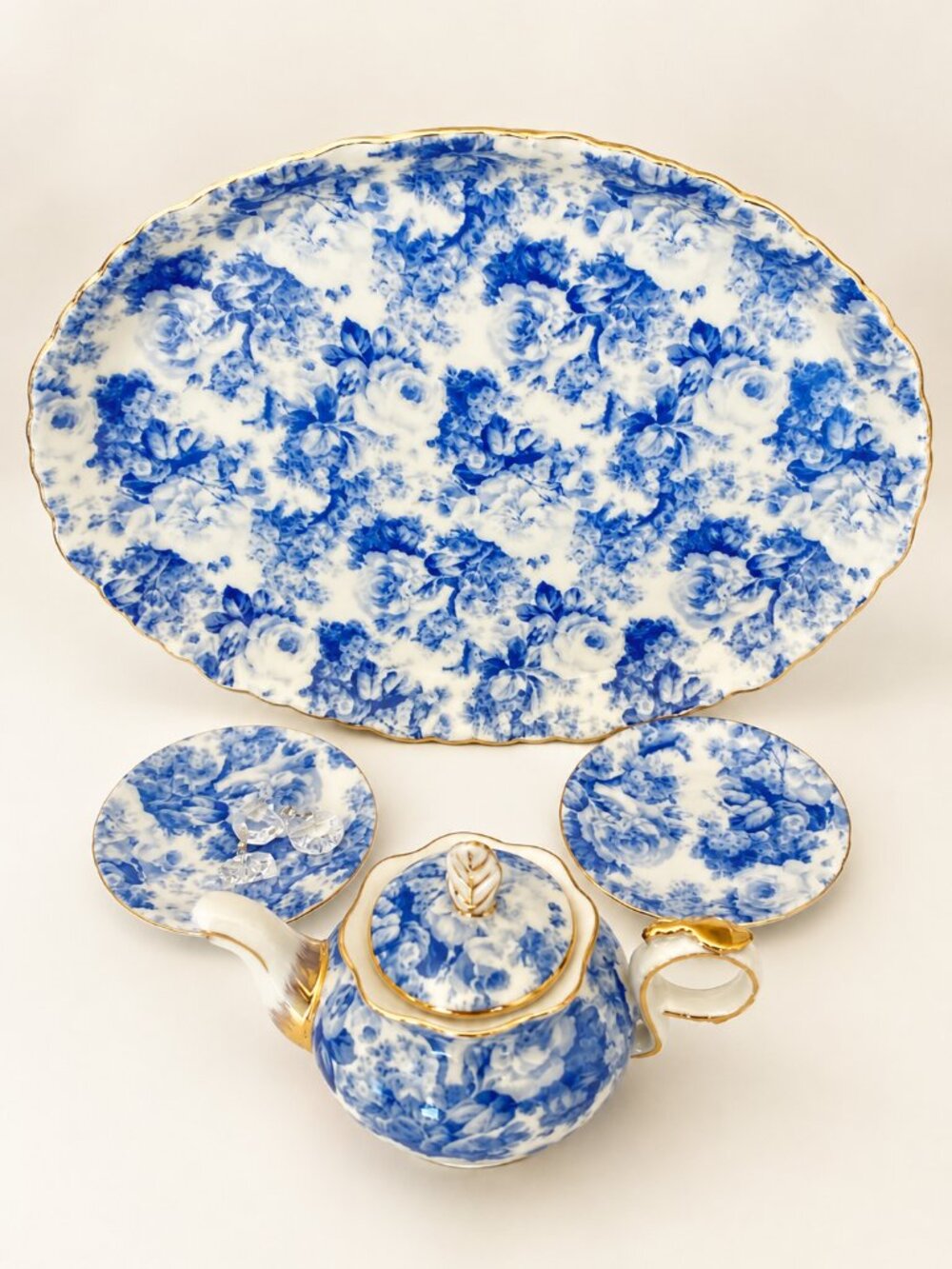 Blue Cottage Rose Chintz Porcelain Tea Set Trinket Trays 25k gold trim